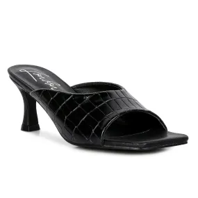 Black Croc Kitten Heel Sliders