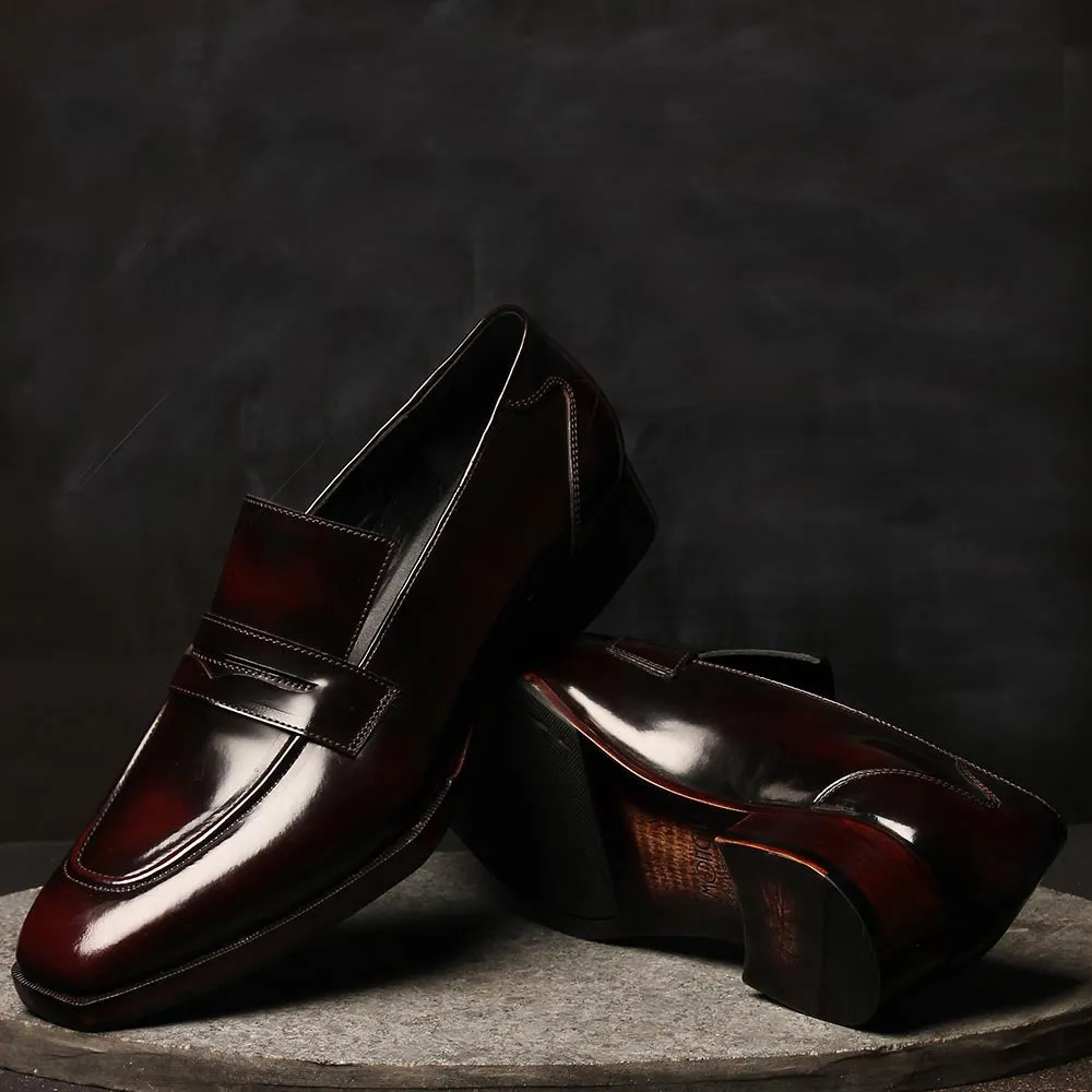 Burgundy Brushed Glossy Sharp Penny Loafers