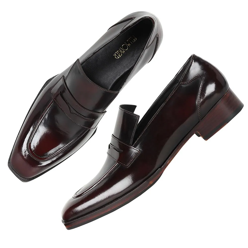 Burgundy Brushed Glossy Sharp Penny Loafers