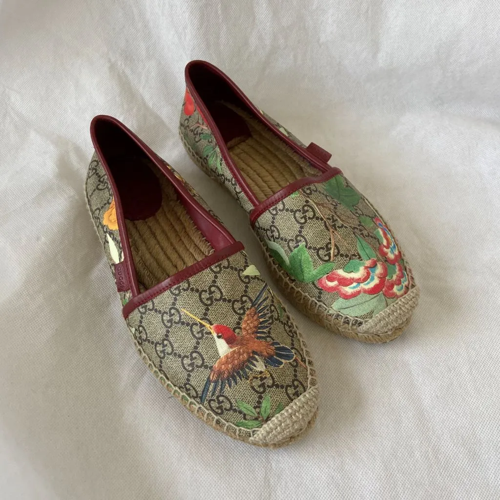 Gucci Multicolor Tian Print GG Supreme Canvas Flat Espadrilles, 39.5