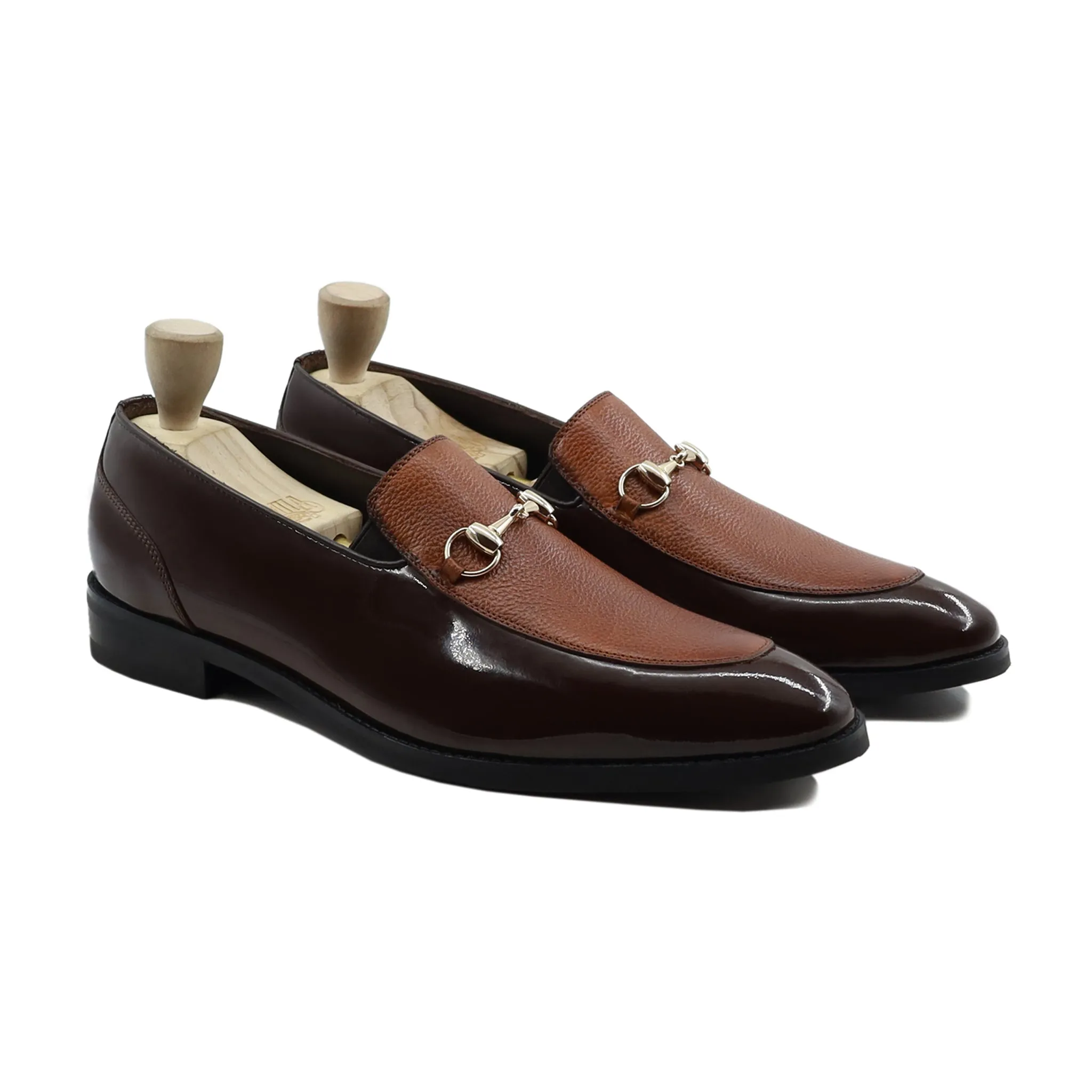 Heuchera -  Men's Dark Brown Patent and Brown Pebble Grain Leather Loafer