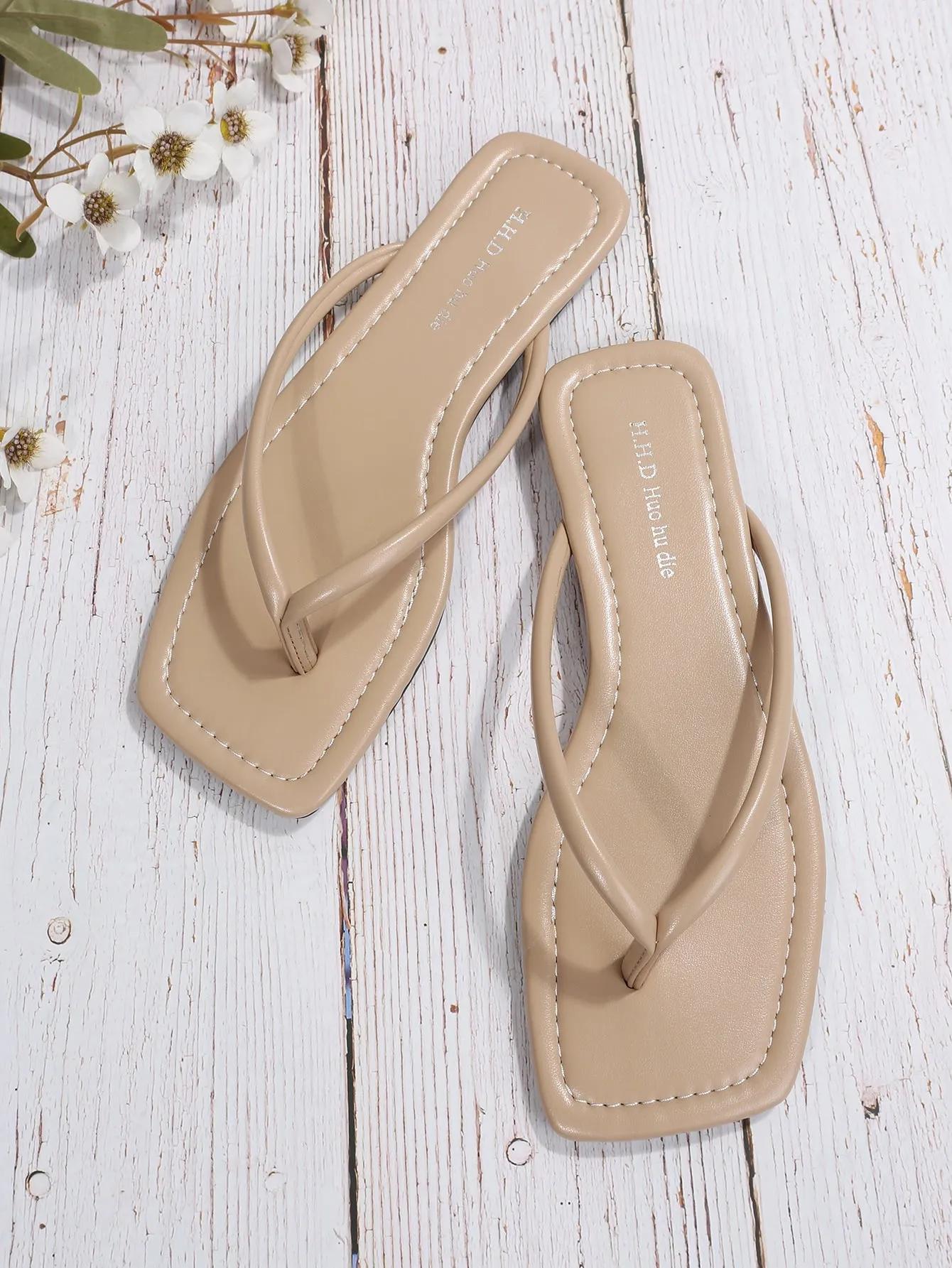 Minimalist Thong Sandals, Apricot Fashionable Solid Color T-strap Sandals