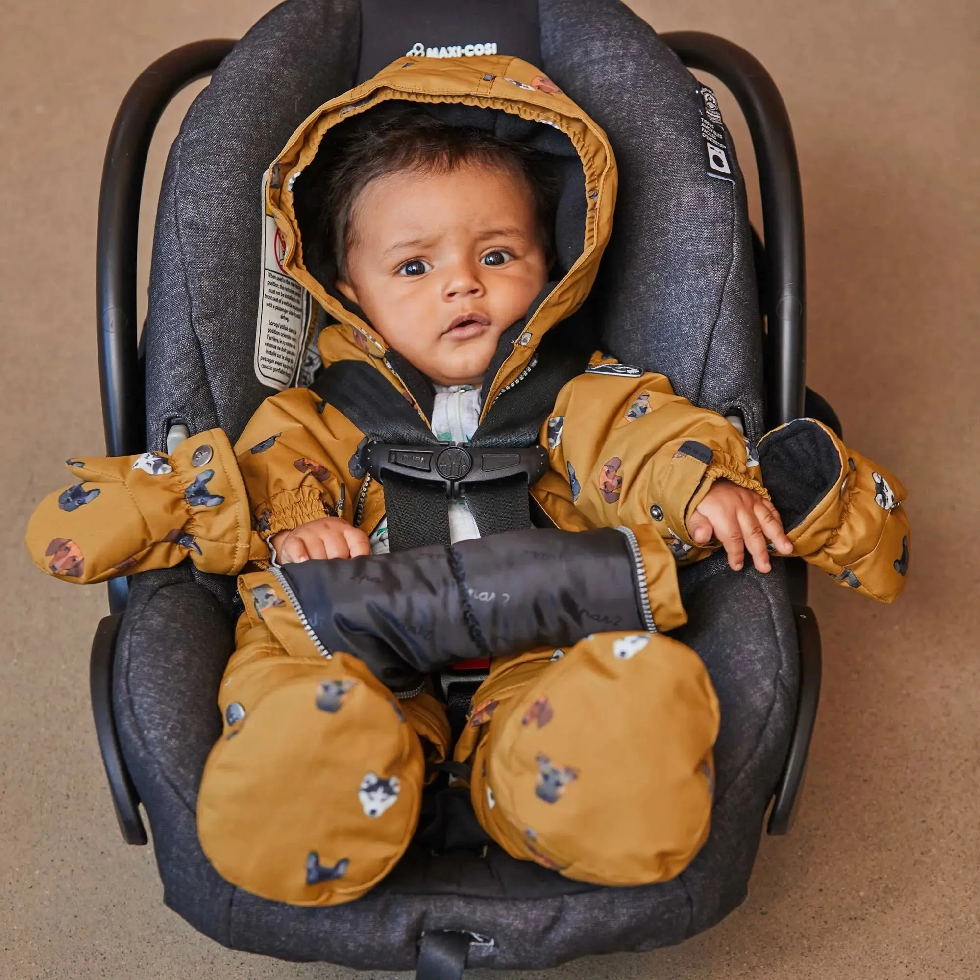 Printed Little Dogs One Piece Baby Snowsuit Yellow | DEUX PAR DEUX