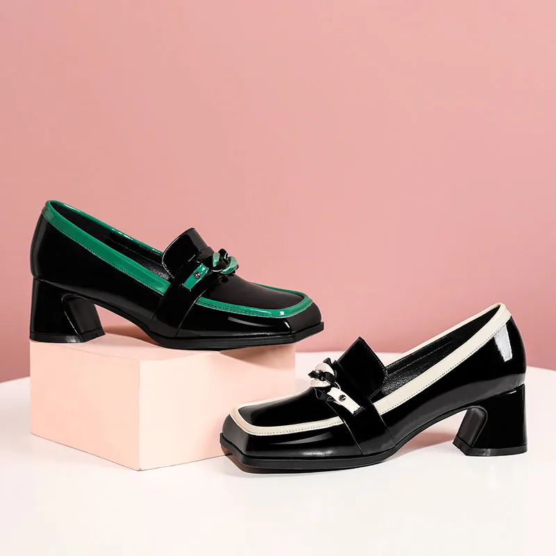 TinaCus Women's Patent Leather Square Toe Handmade Assorted Color Chunky Heel Trendy Loafers with Chain
