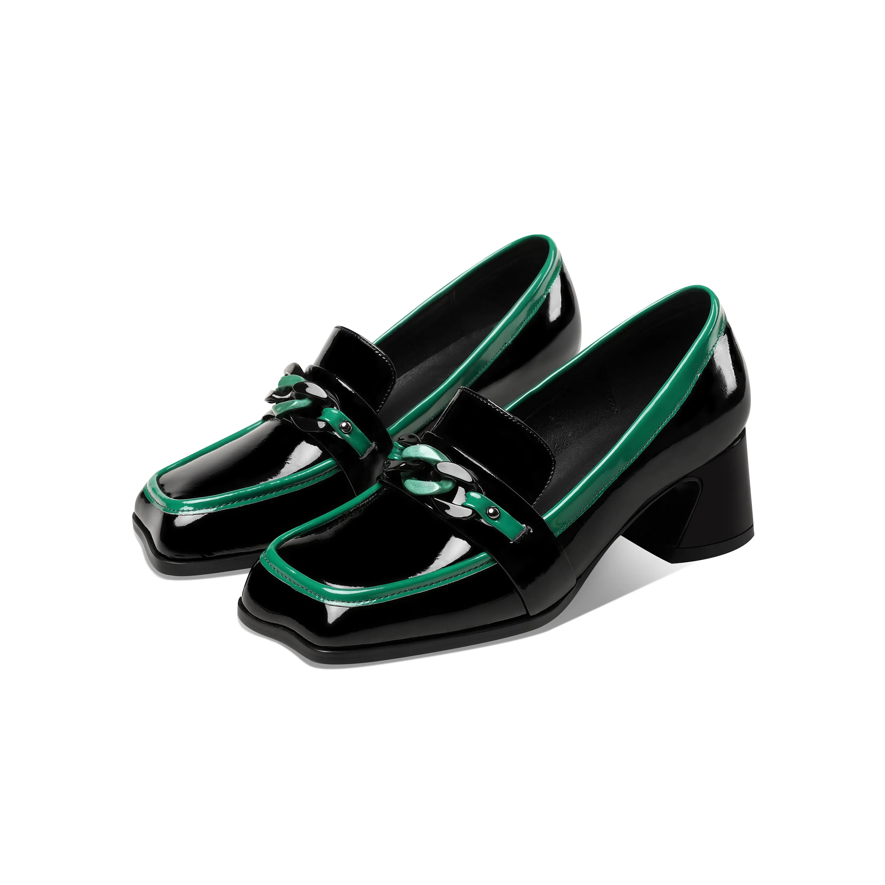 TinaCus Women's Patent Leather Square Toe Handmade Assorted Color Chunky Heel Trendy Loafers with Chain