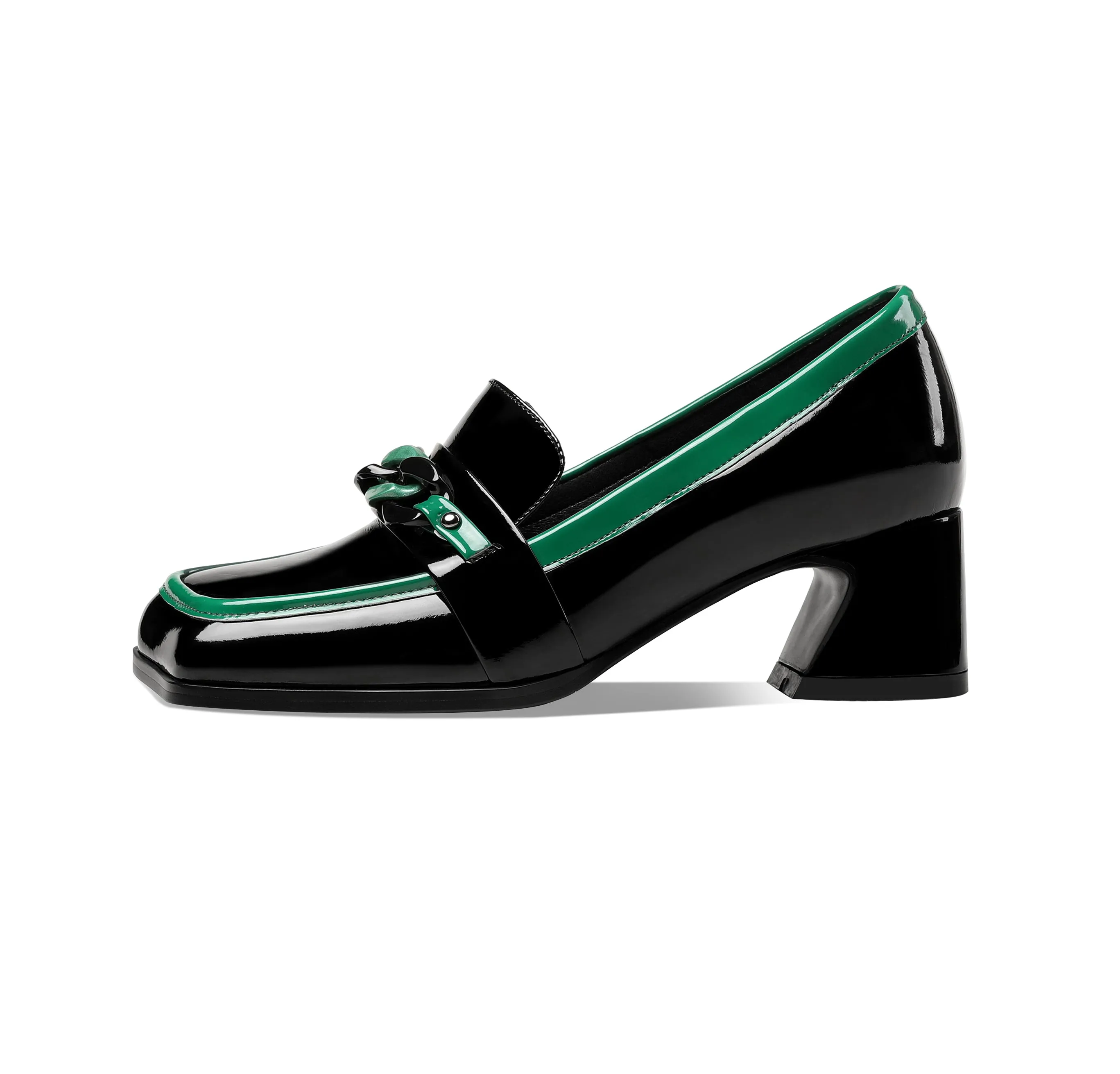 TinaCus Women's Patent Leather Square Toe Handmade Assorted Color Chunky Heel Trendy Loafers with Chain