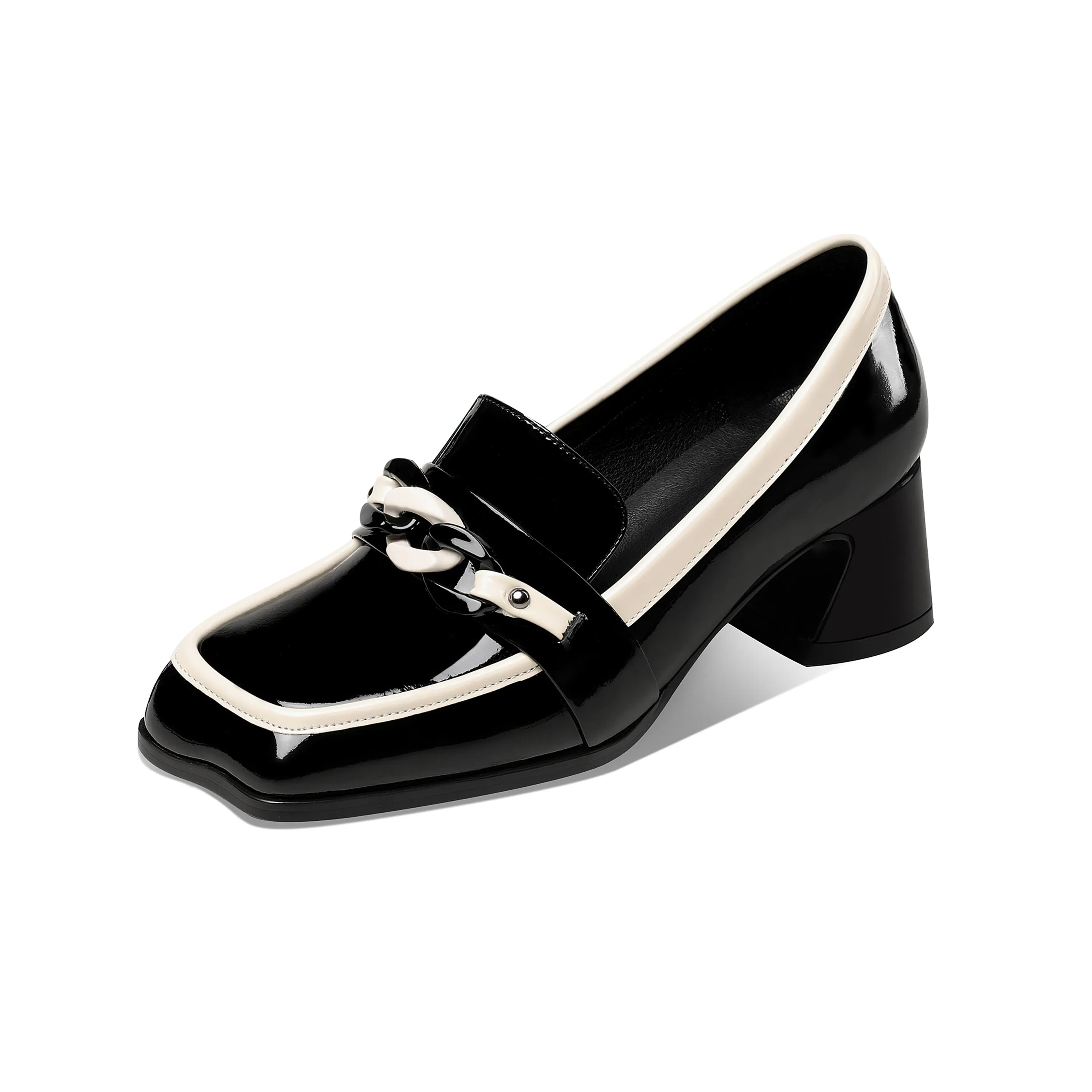 TinaCus Women's Patent Leather Square Toe Handmade Assorted Color Chunky Heel Trendy Loafers with Chain