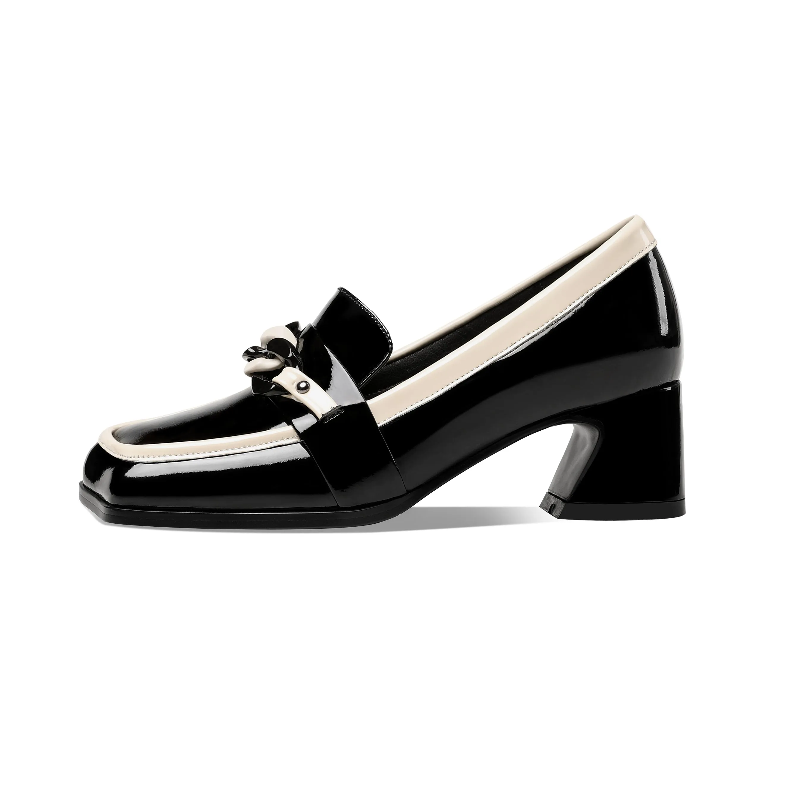 TinaCus Women's Patent Leather Square Toe Handmade Assorted Color Chunky Heel Trendy Loafers with Chain