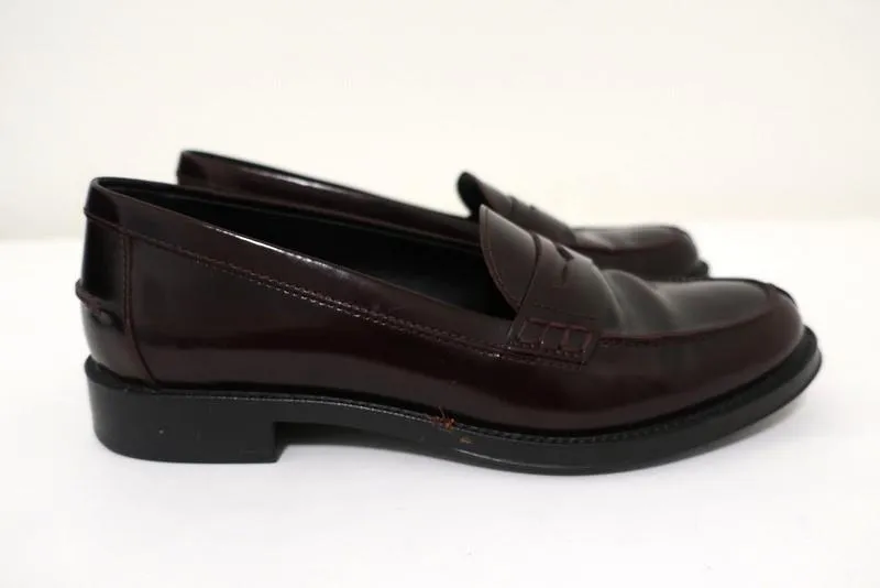 Tod's Penny Loafers Burgundy Glossy Leather Size 37.5 Slip-On Flats