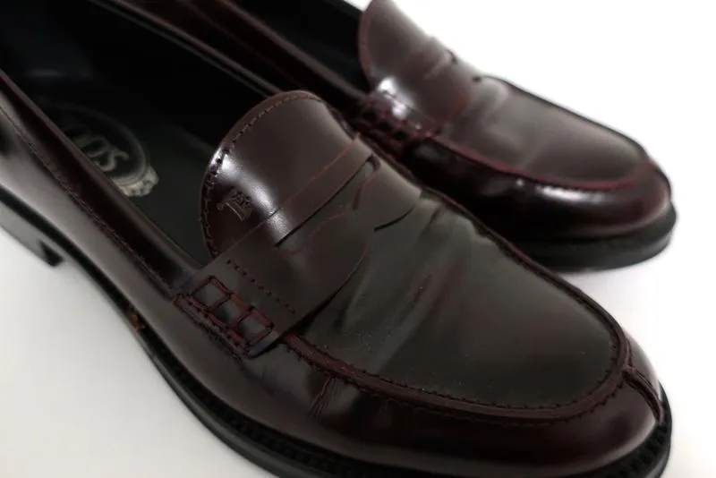 Tod's Penny Loafers Burgundy Glossy Leather Size 37.5 Slip-On Flats