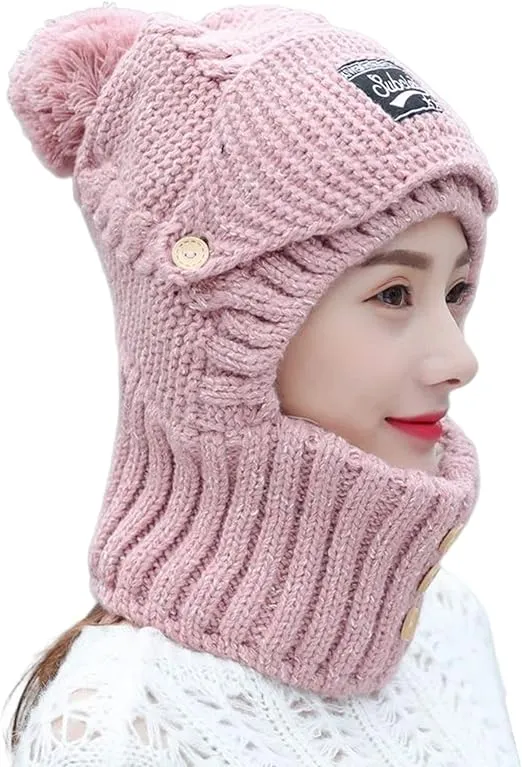 Winter Caps, 3 In 1 Cold Protection Knitted Hat Winter Warm Beanies with Mouth Mask, Sweet Wool Cap Winter Face Hat