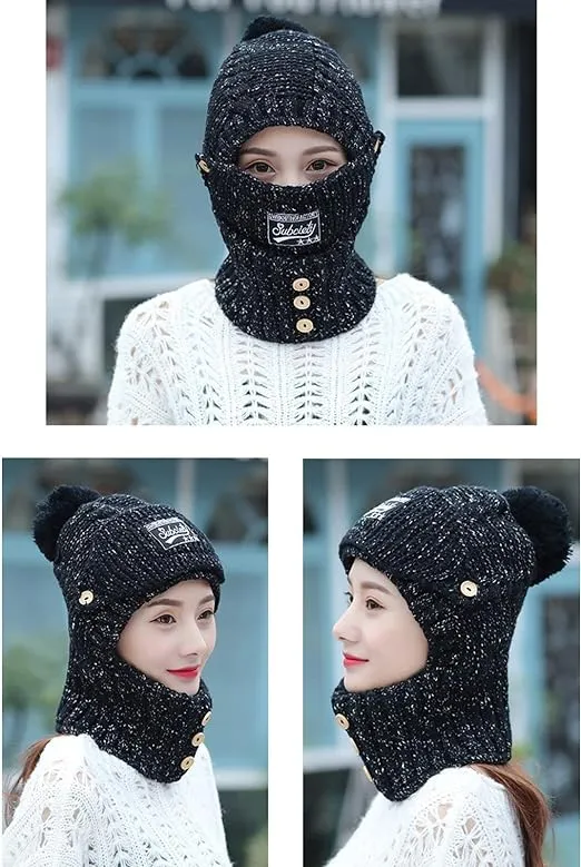 Winter Caps, 3 In 1 Cold Protection Knitted Hat Winter Warm Beanies with Mouth Mask, Sweet Wool Cap Winter Face Hat