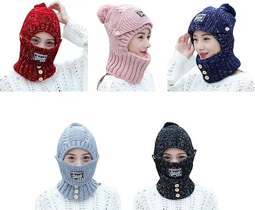 Winter Caps, 3 In 1 Cold Protection Knitted Hat Winter Warm Beanies with Mouth Mask, Sweet Wool Cap Winter Face Hat